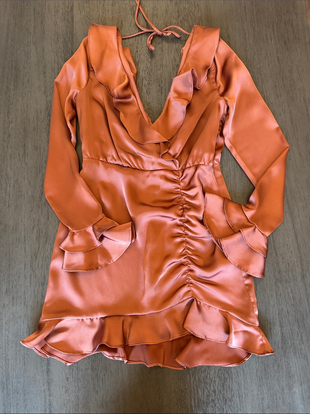 Majorelle Satin Ruffle V-Neck Dress in Mauve